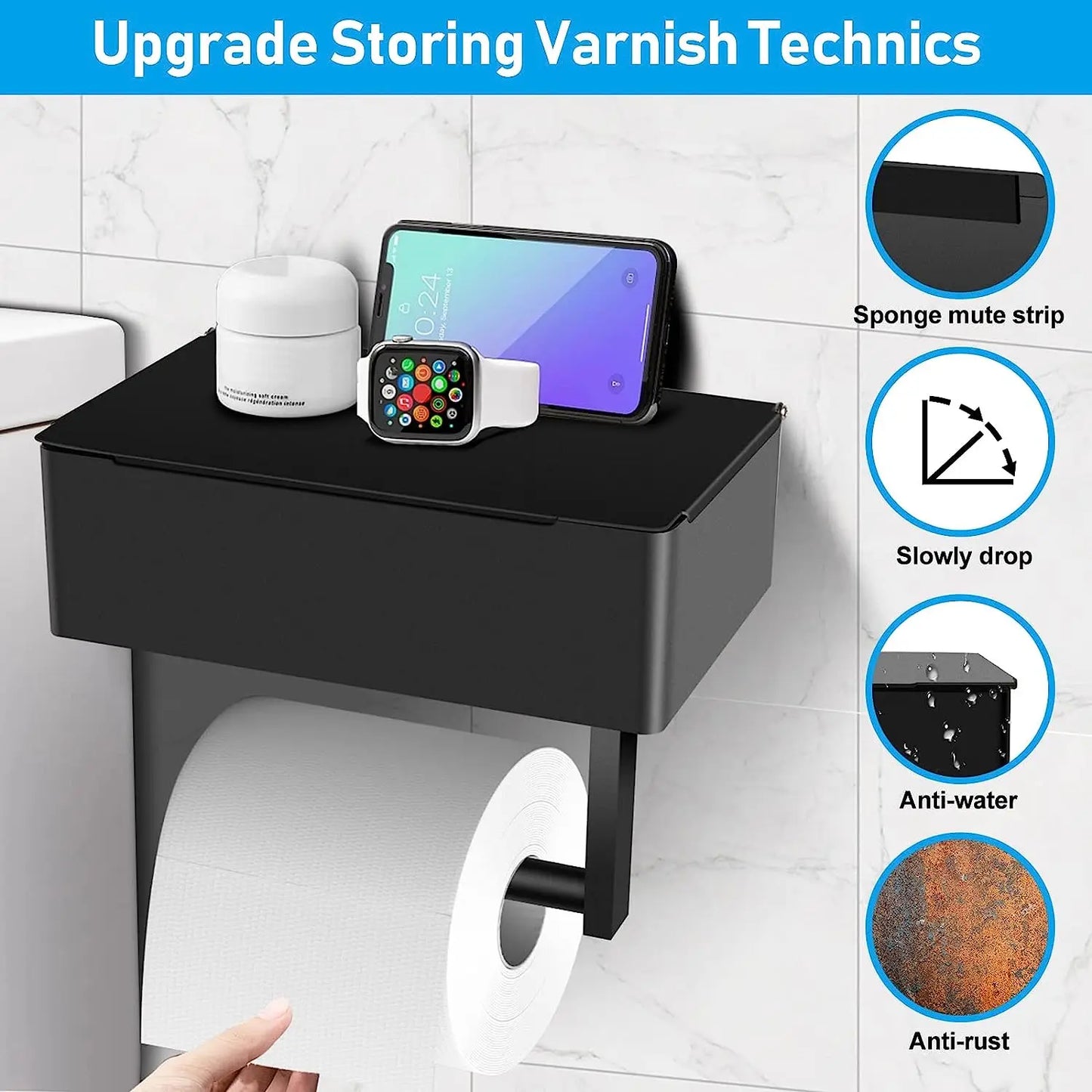 Soporte para el papel de baño con mesilla para el almacenamiento